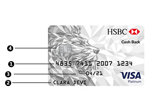 Viewed from the front, your HSBC Cash Back card contains the following elements, from top to bottom: the chip of the card, the credit card 16-digit number, valid date of the card and your name.
